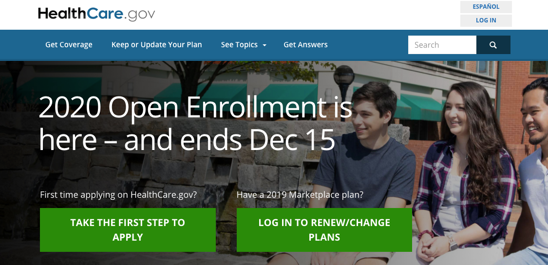 Screen shot of the HealthCare.gov website