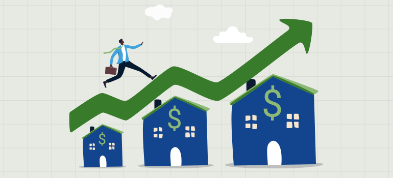 A picture of a man running up an arrow over houses