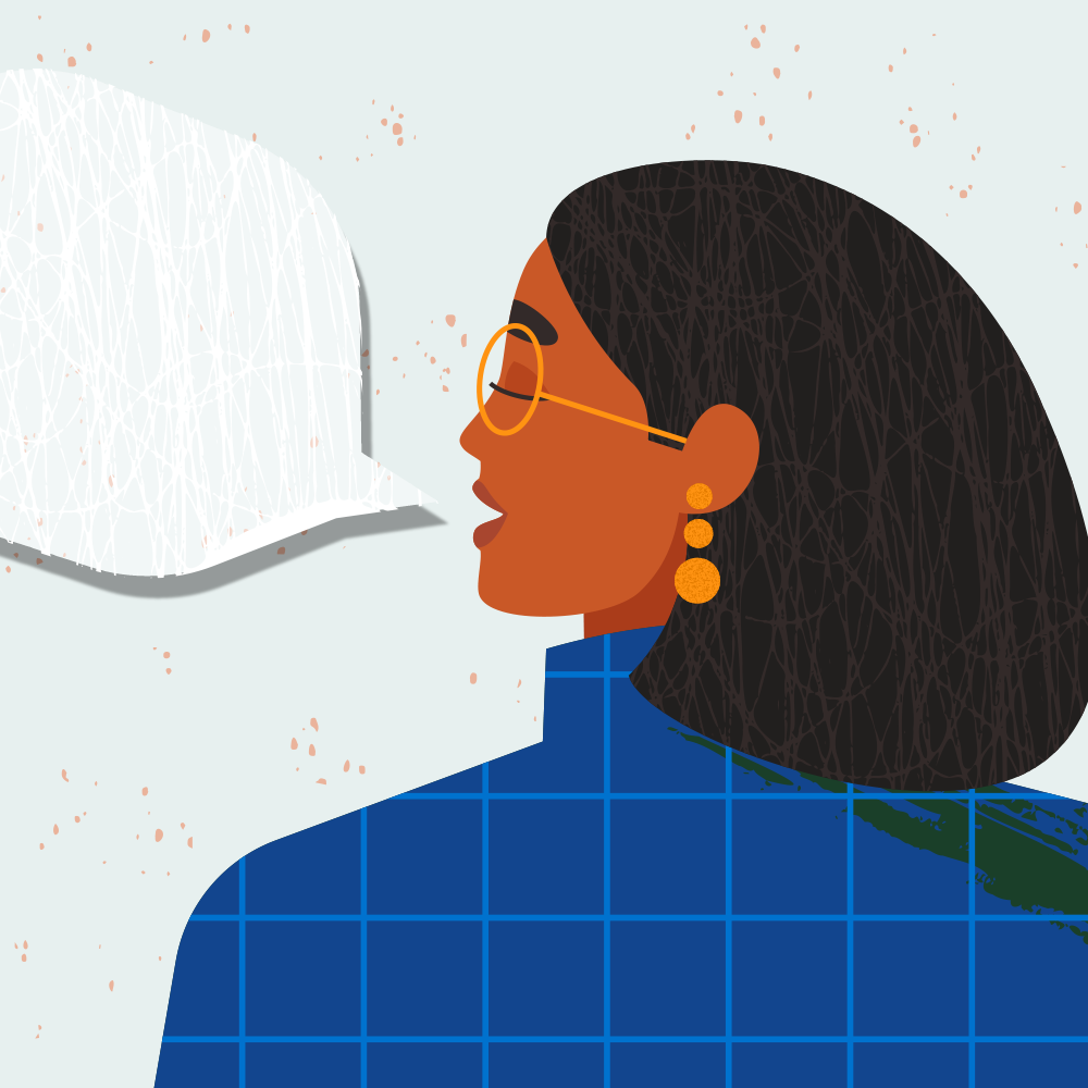 Picture of a woman with a speech bubble next to her head