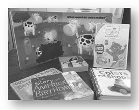 Children's books on a table