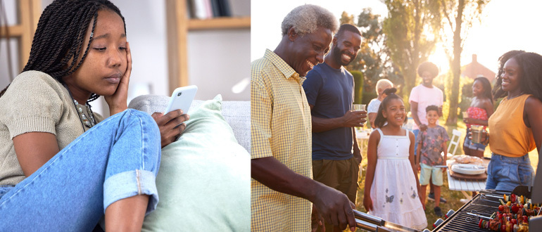 Girl on a phone and a family having a barbeque
