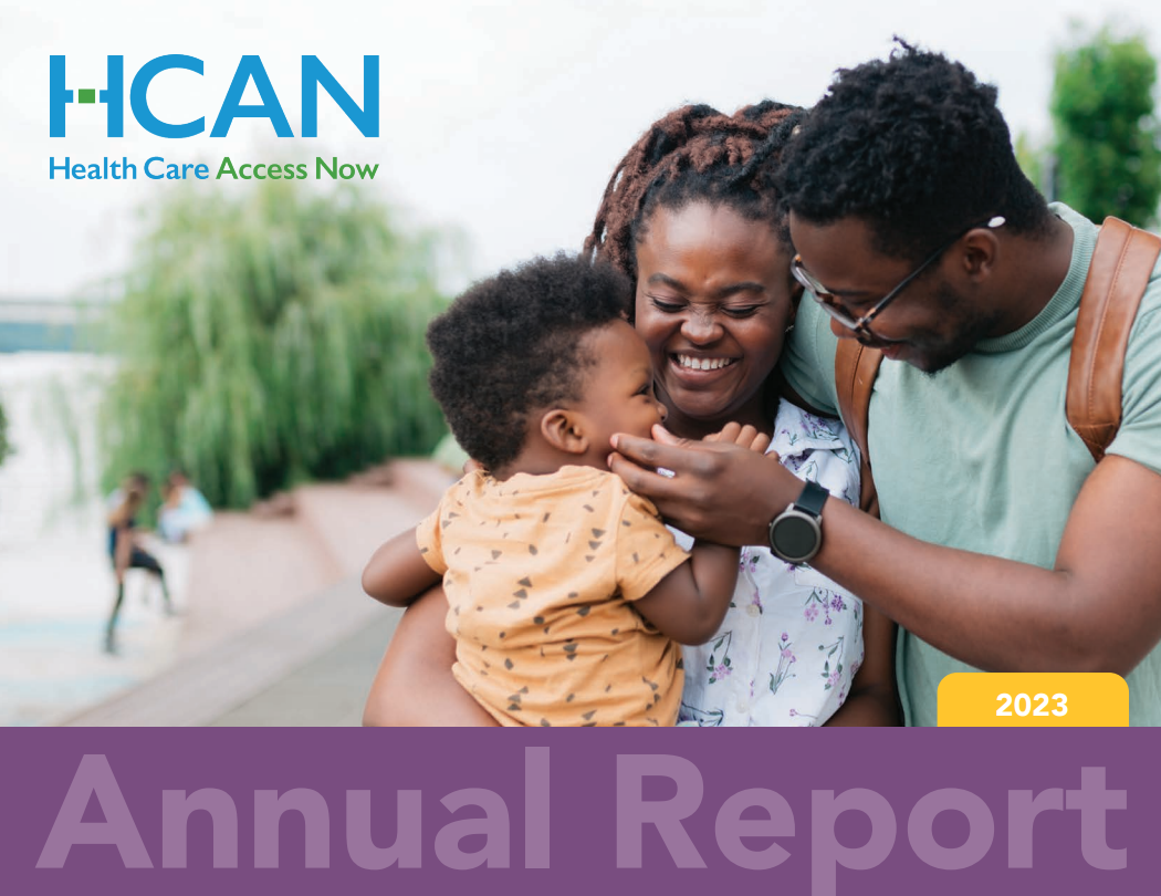 Cover of family hugging for 2023 Annual Report for Healthcare Access Now