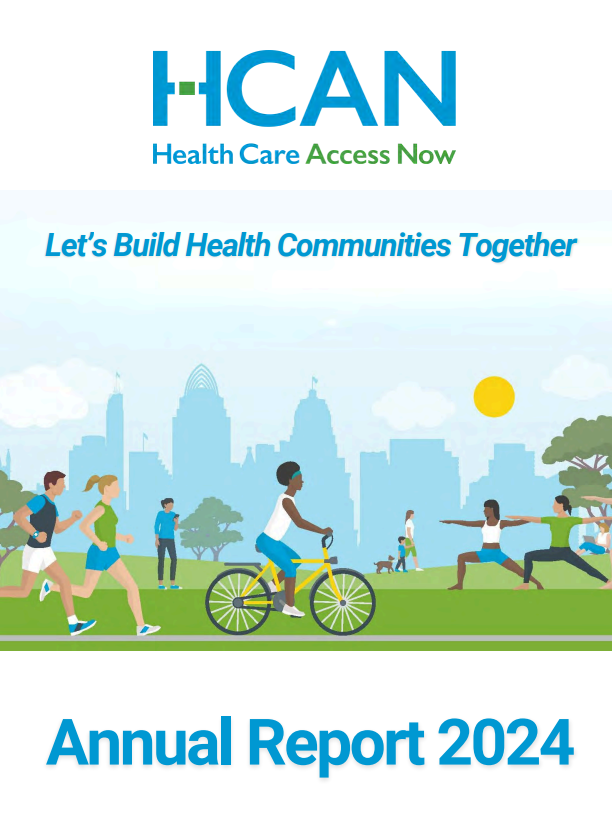 2024 Annual Report Cover of park drawing for Healthcare Access Now